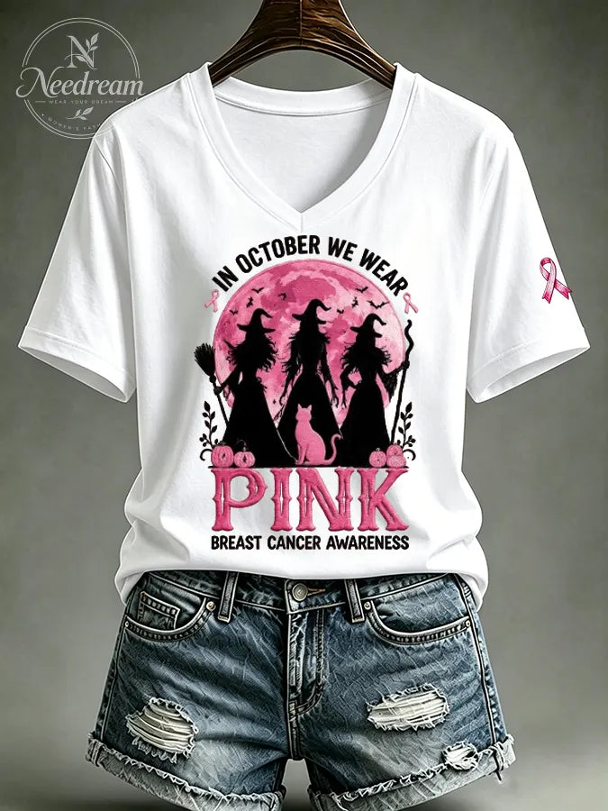 Women's Casual Breast Cancer Witch Printed T-Shirt