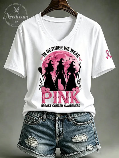 Women's Casual Breast Cancer Witch Printed T-Shirt