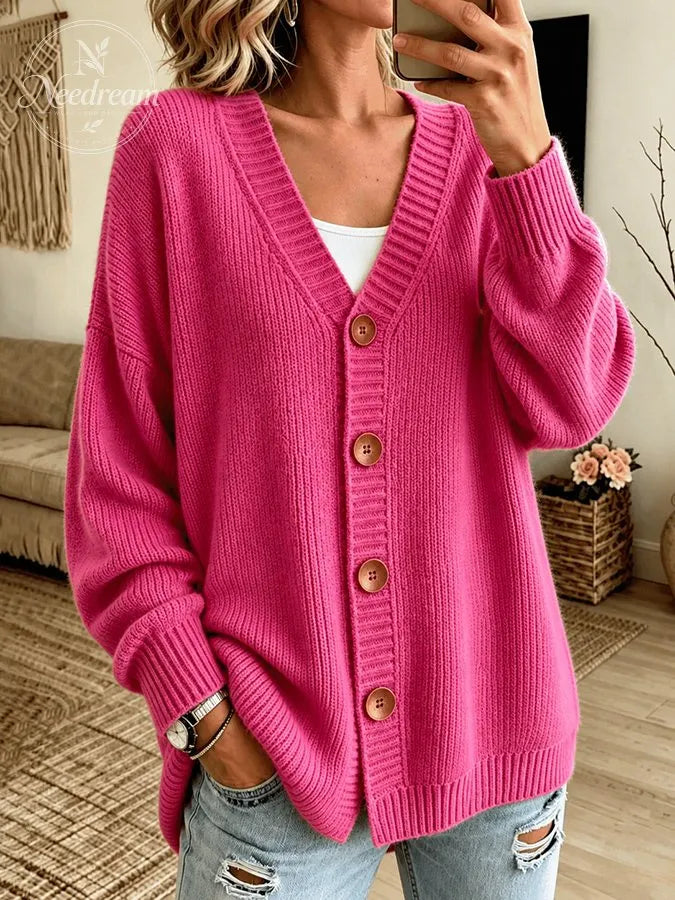 Women'S Casual Pink Knitted Cardigan