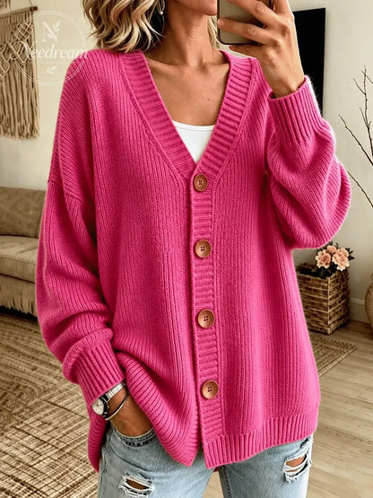 Women'S Casual Pink Knitted Cardigan