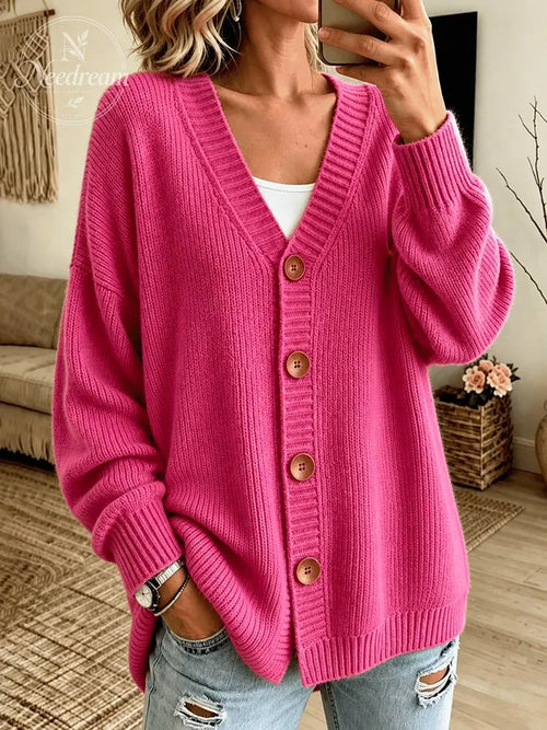 Women'S Casual Pink Knitted Cardigan