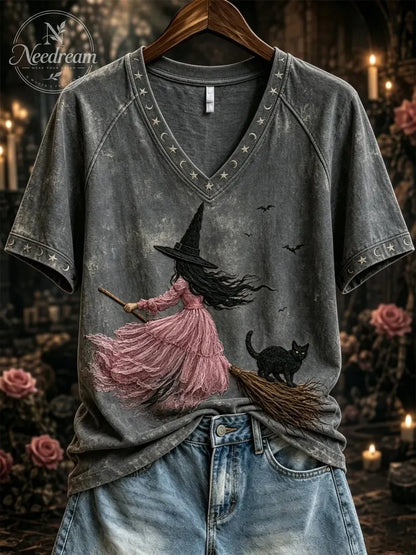 Women's Pink Witch-Themed Print Casual T-Shirt