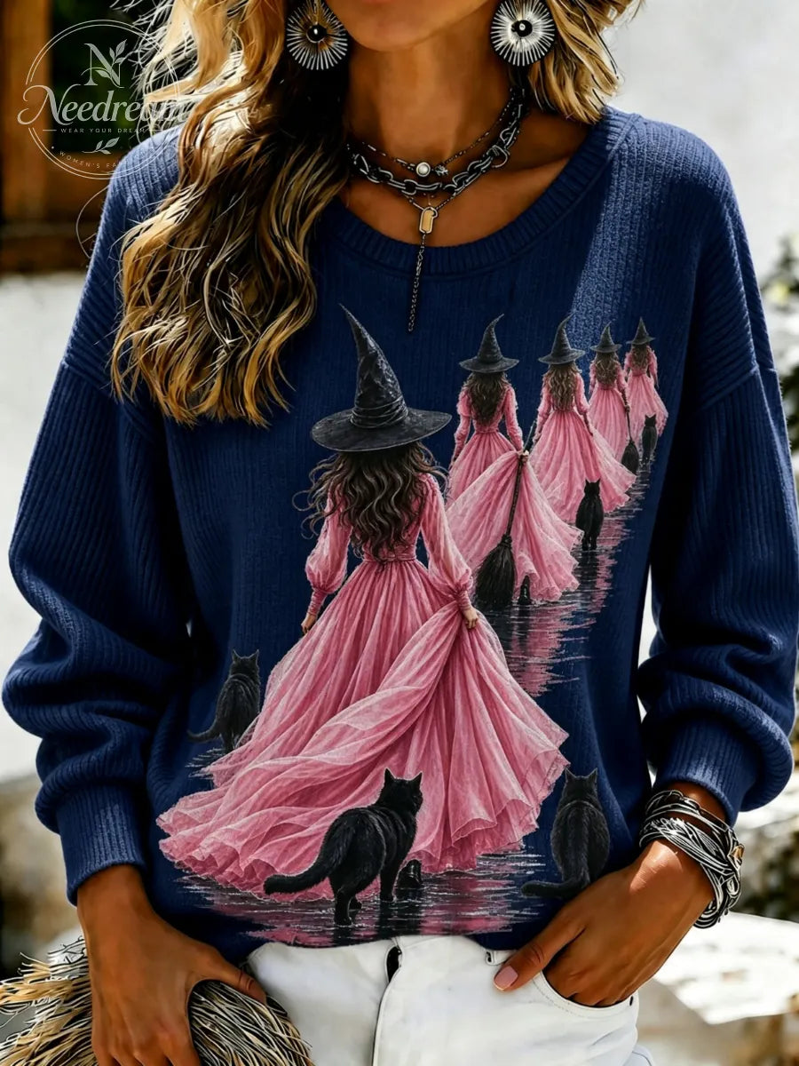 Women's Pink Witch-Themed Casual Sweatshirt