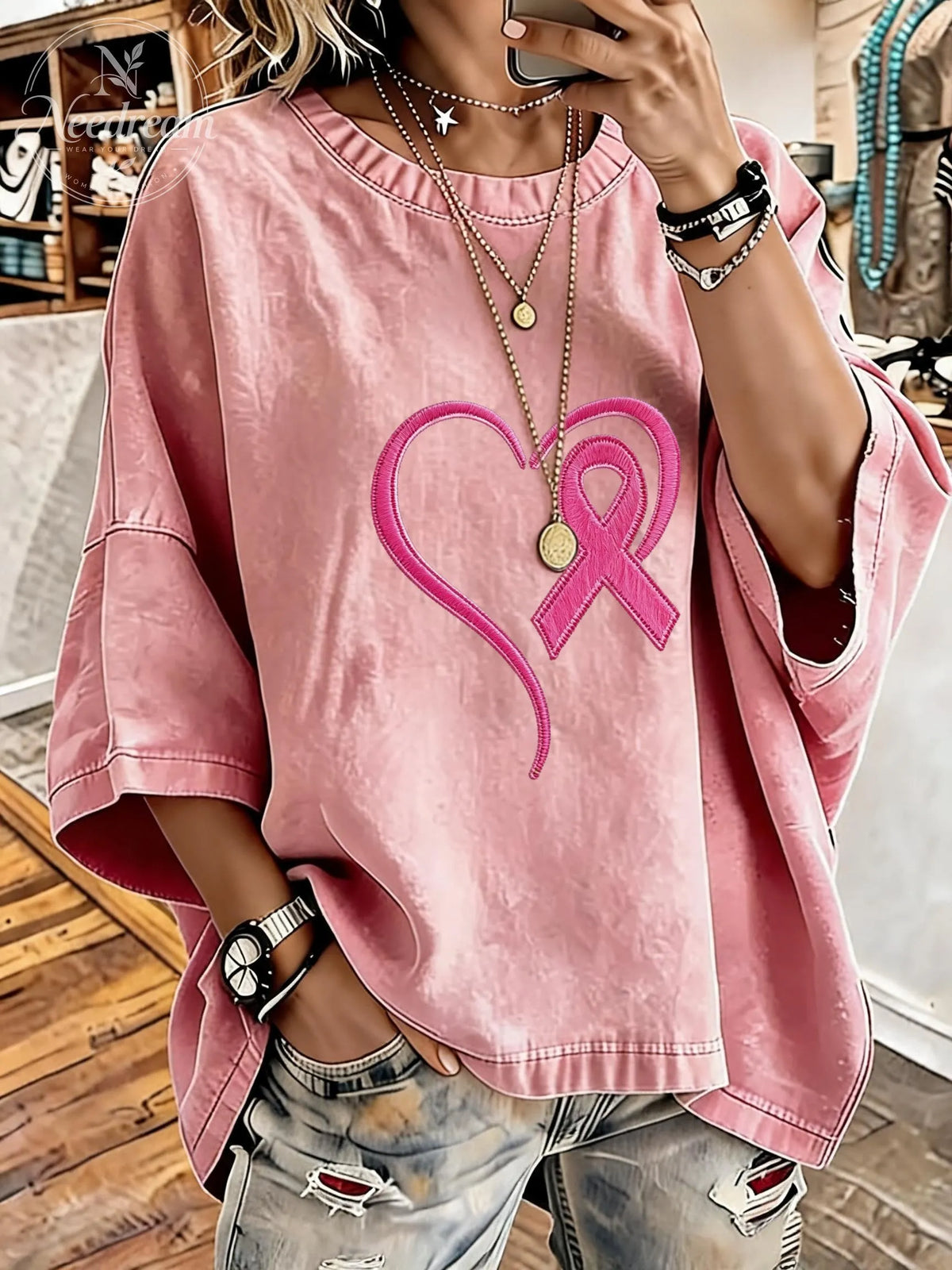 Women's Breast Cancer Awareness Ribbon Distressed Washed Oversized T-Shirt