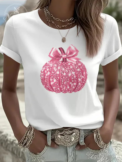 Women's Breast Cancer Sequined Pumpkin Print Casual T-shirt