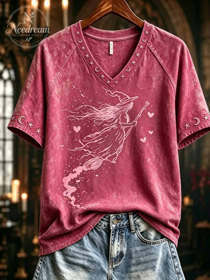 Women's Pink Witch-Themed Print Casual T-Shirt