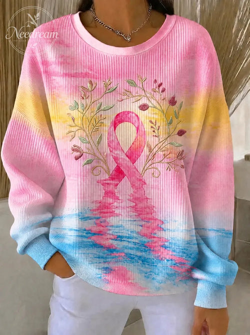 Women's Breast Cancer Awareness Floral Ribbon Printed Sweatshirt