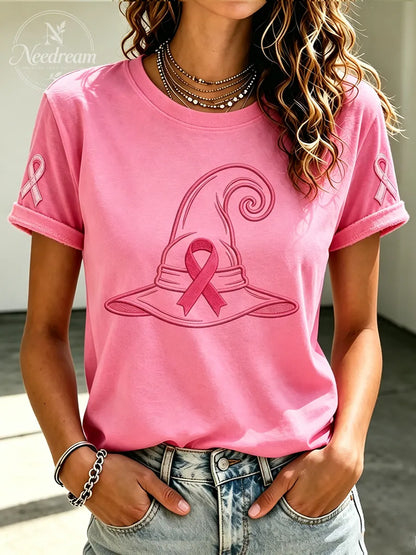 Women'S Pink Ribbon Cat Print Breast Cancer Awareness Short-Sleeved T-Shirt