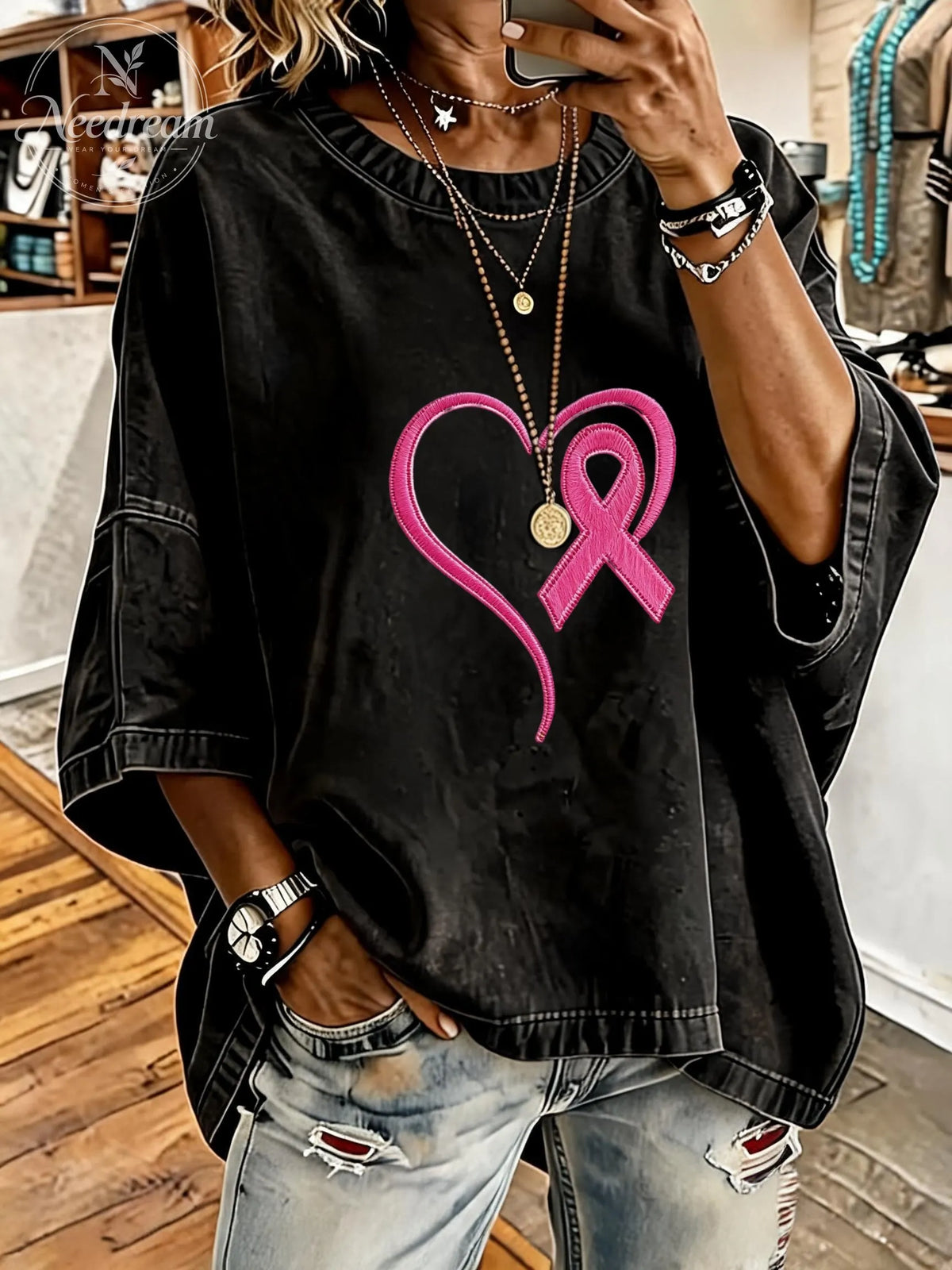Women's Breast Cancer Awareness Ribbon Distressed Washed Oversized T-Shirt