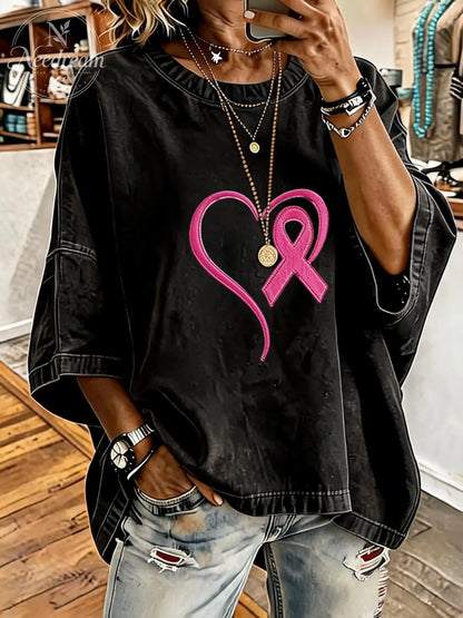 Women's Breast Cancer Awareness Ribbon Distressed Washed Oversized T-Shirt