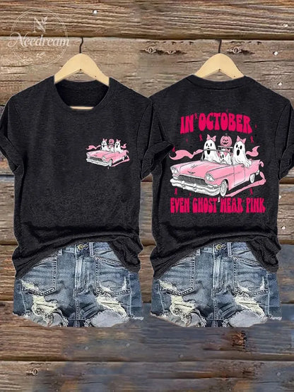 Retro Breast Cancer Awareness Halloween In October Even Ghost Wear Pink Print T-Shirt
