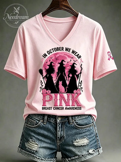 Women's Casual Breast Cancer Witch Printed T-Shirt