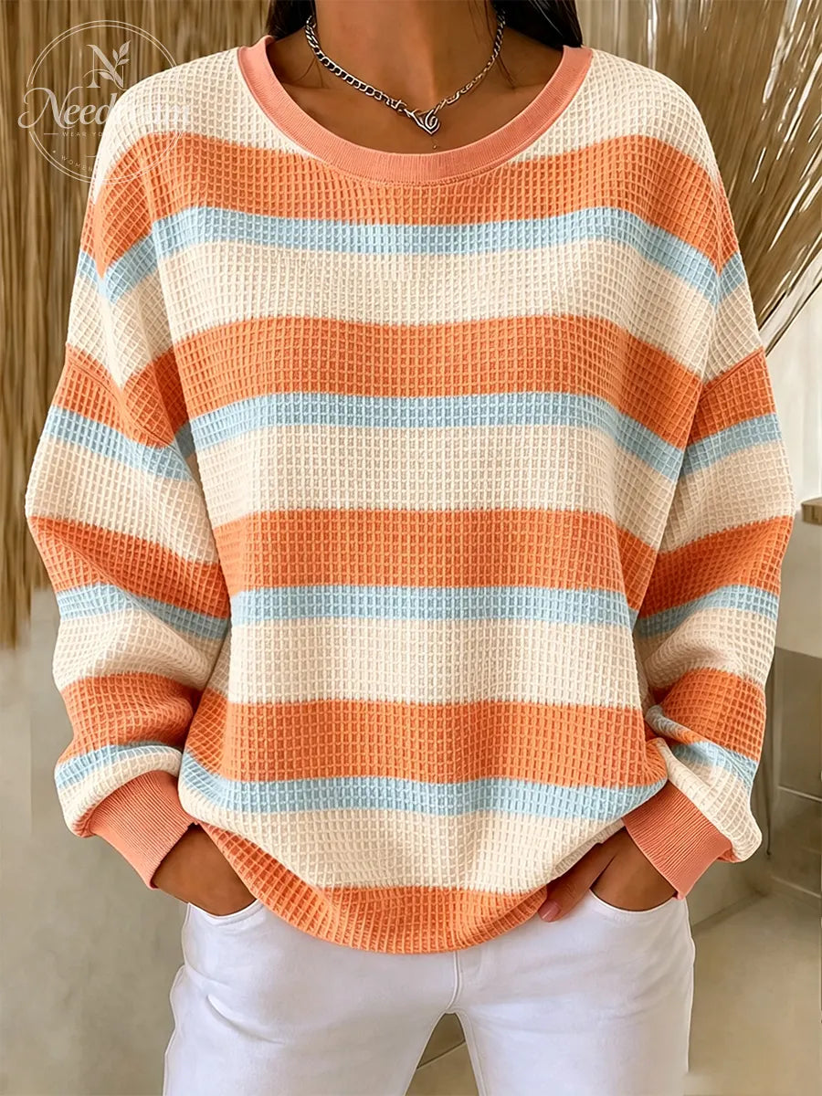 Women'S Casual Striped Waffle Round Neck Sweatshirt