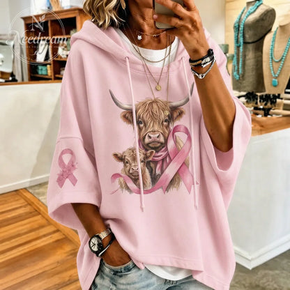 Women's Breast Cancer Awareness Highland Cow Printed Hoodie