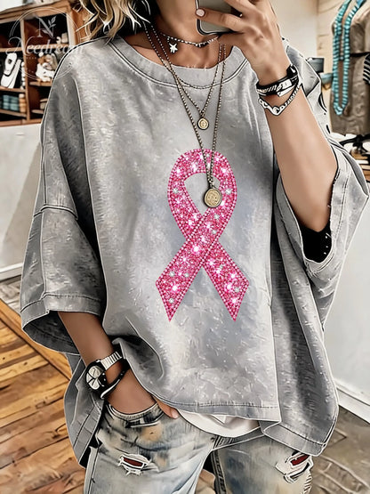 Women's Breast Cancer Awareness Pink Ribbon Distressed Washed Oversized T-Shirt