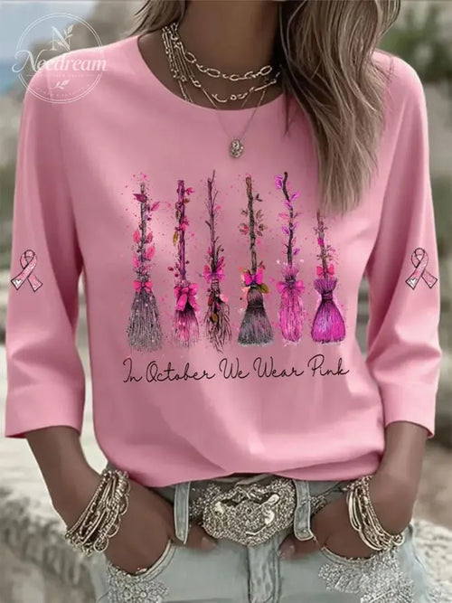 Women's Casual Breast Cancer Print Three-Quarter Sleeve T-Shirt
