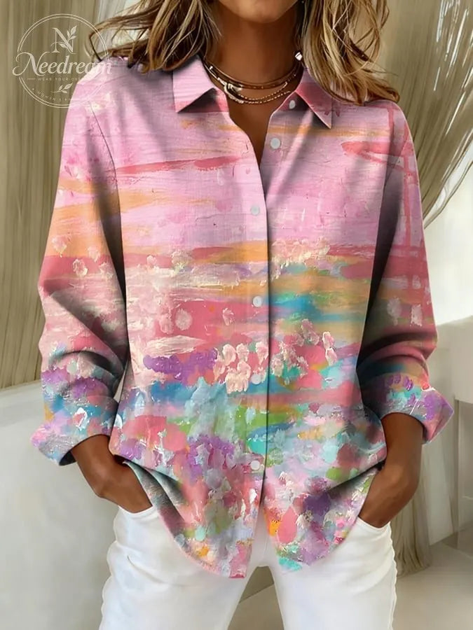 Women's Casual Retro Pink Oil Painting Shirt