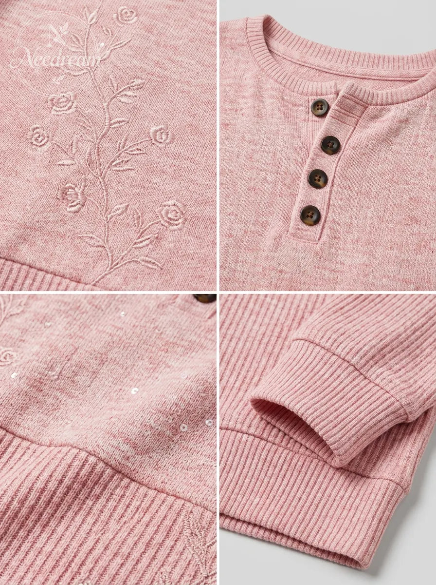 Women's Breast Cancer Awareness Pink Rose Embroidered Buttoned Sweatshirt