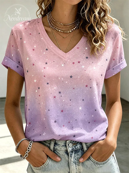Women'S Gradient Star Print V‐Neck Short Sleeve Tee