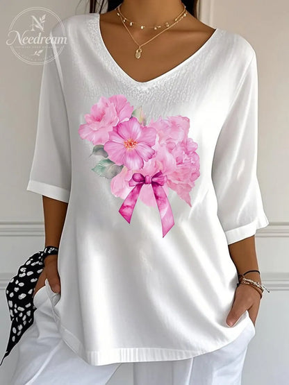 Women's Breast Cancer Flower Wrinkle Top