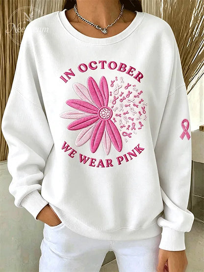 Women's In October We Wear Pink Breast Cancer Awareness Crewneck Sweatshirt
