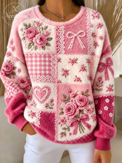Women's Retro Floral Patchwork Fuzzy Sweater
