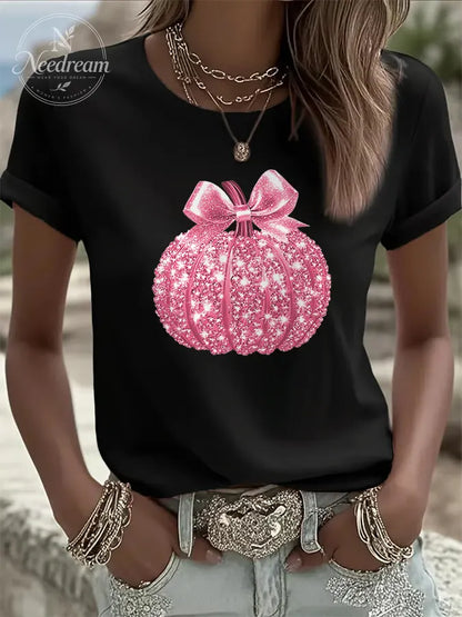 Women's Breast Cancer Sequined Pumpkin Print Casual T-shirt