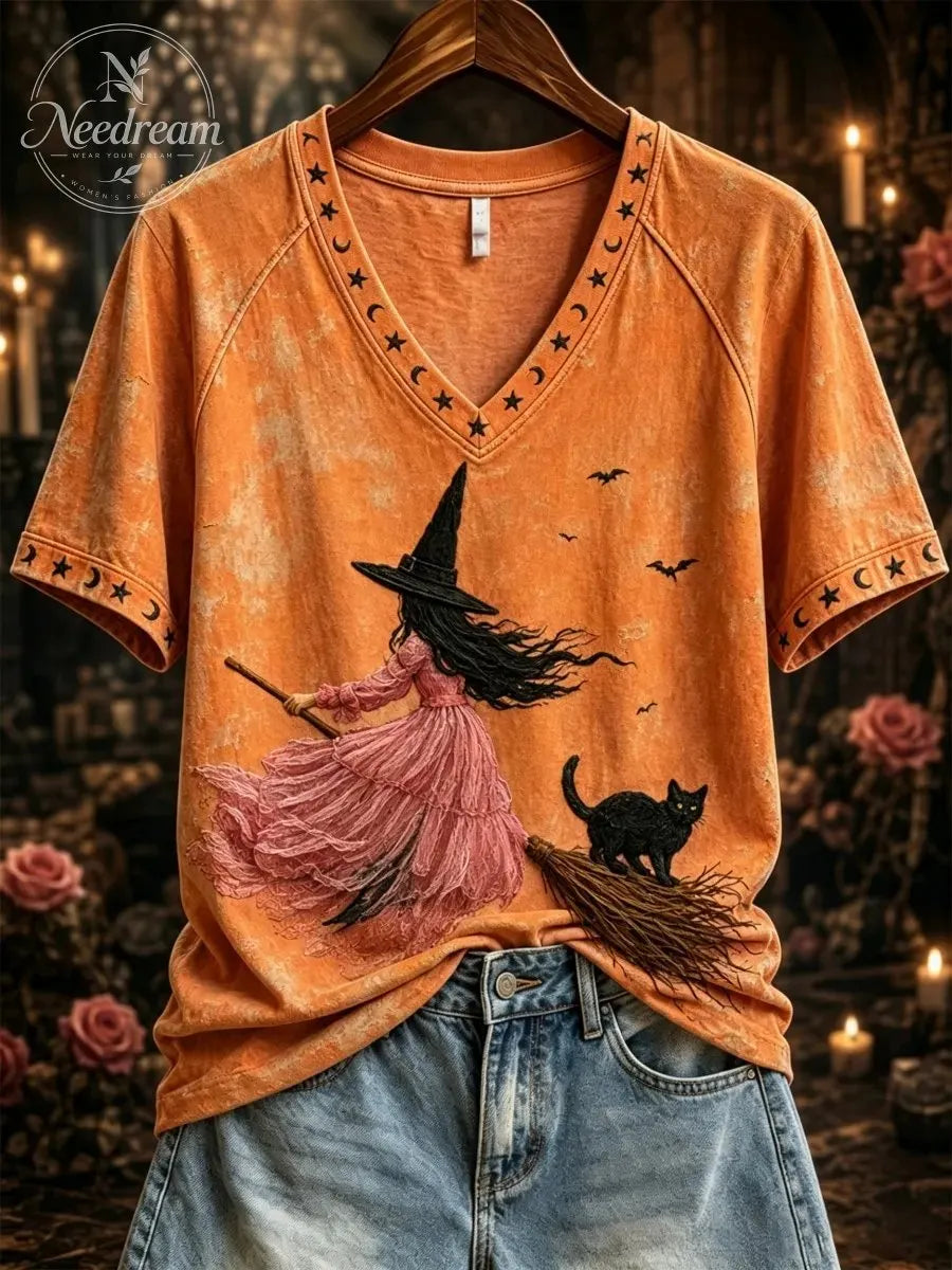 Women's Pink Witch-Themed Print Casual T-Shirt