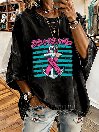 Women's Breast Cancer Awareness Hope Distressed Washed Oversized T-Shirt