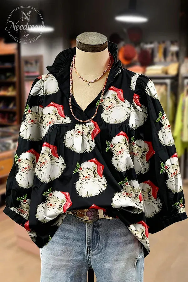 Christmas Santa Print Ruffle V-Neck Blouse