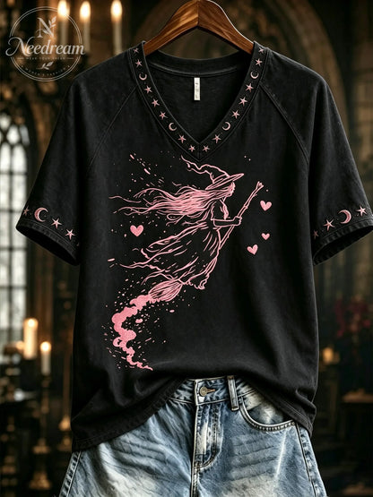 Women's Pink Witch-Themed Print Casual T-Shirt