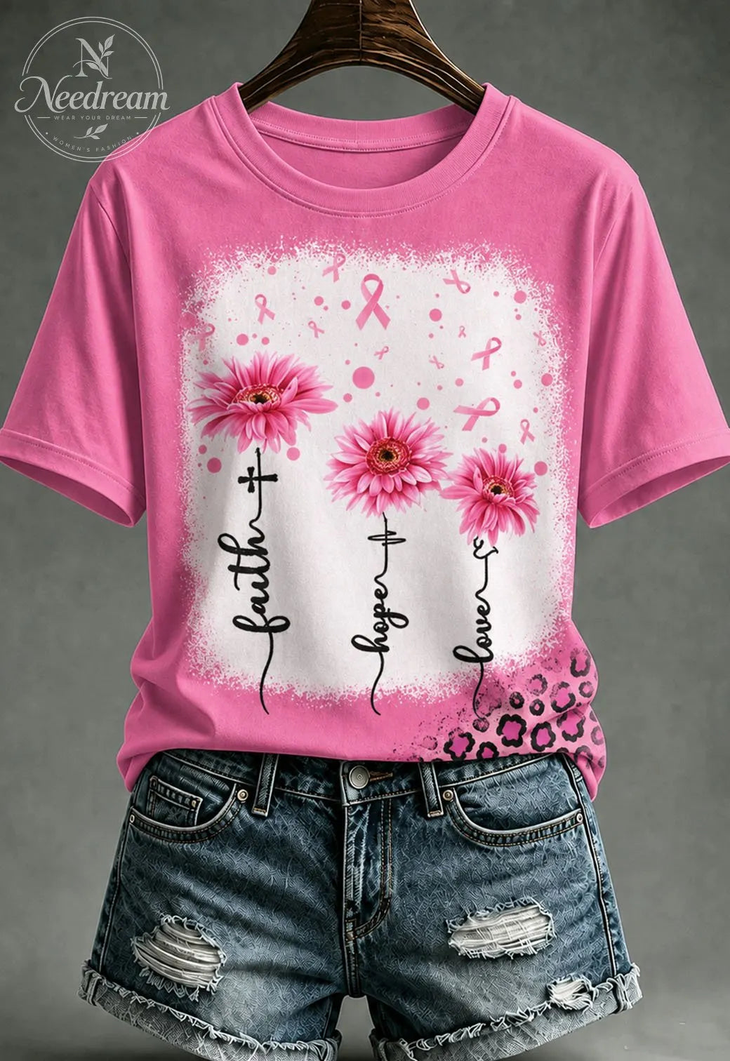 Women'S Retro Faith Pink Printed Casual T-Shirt