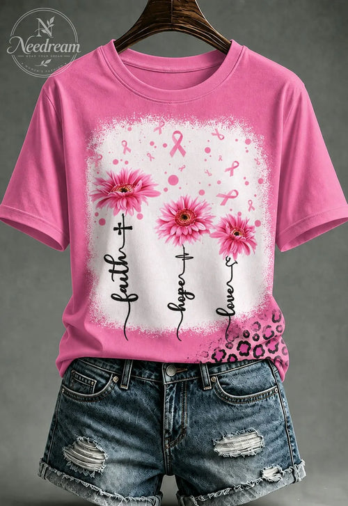 Women'S Retro Faith Pink Printed Casual T-Shirt