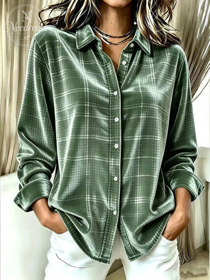 Women'S Gold Velvet Long-Sleeve Shirt With Lapel And Single-Breasted Button Closure