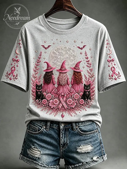Women's Breast Cancer Awareness Black Cat Pink Ribbon Short-Sleeve T-Shirt