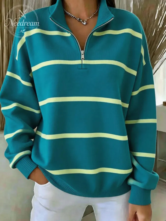 Women Striped Half Open Collar Casual Spring/Fall Long Sleeve Sweatshirt