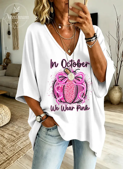 Women's  "In October We Wear Pink" Loose-Fit Pure Cotton V-Neck T-Shirt