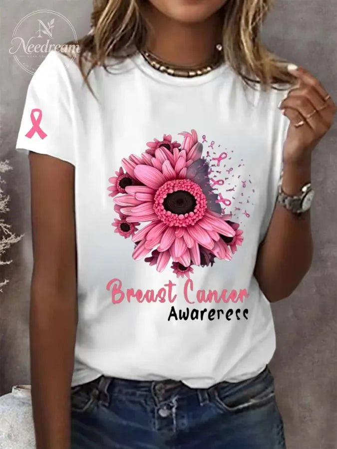 Women's Breast Cancer Printed Crew Neck Short Sleeve T-Shirt