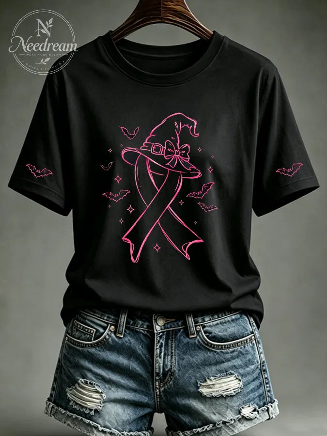 Women's Pink Witch Hat Printed Casual T-Shirt