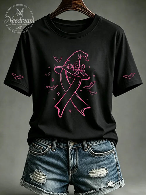 Women's Pink Witch Hat Printed Casual T-Shirt