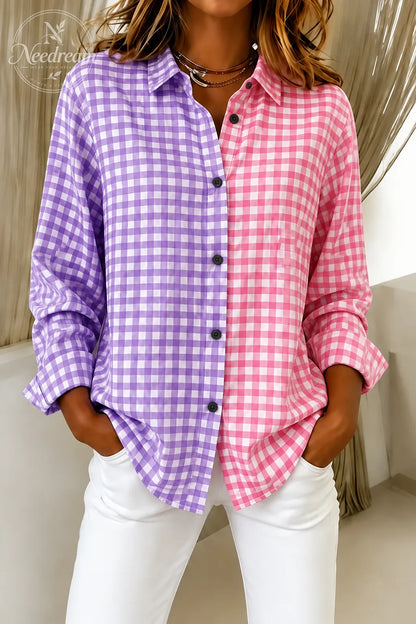 Women'S Casual Retro Pink And Green Color-Block Plaid Shirt