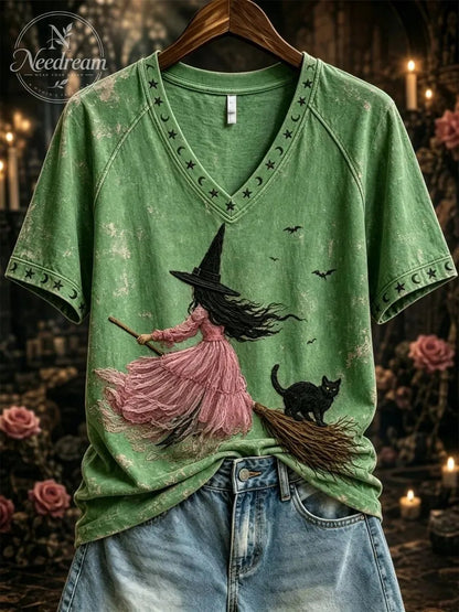 Women's Pink Witch-Themed Print Casual T-Shirt