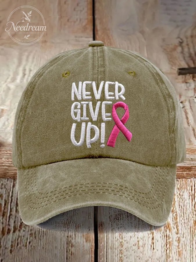 Never Give Up Pink Ribbon Breast Cancer Awareness Print Baseball Cap