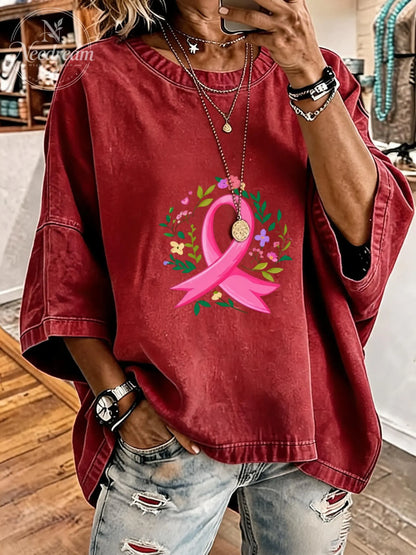 Women's Breast Cancer Awareness Ribbon Distressed Washed Oversized T-Shirt