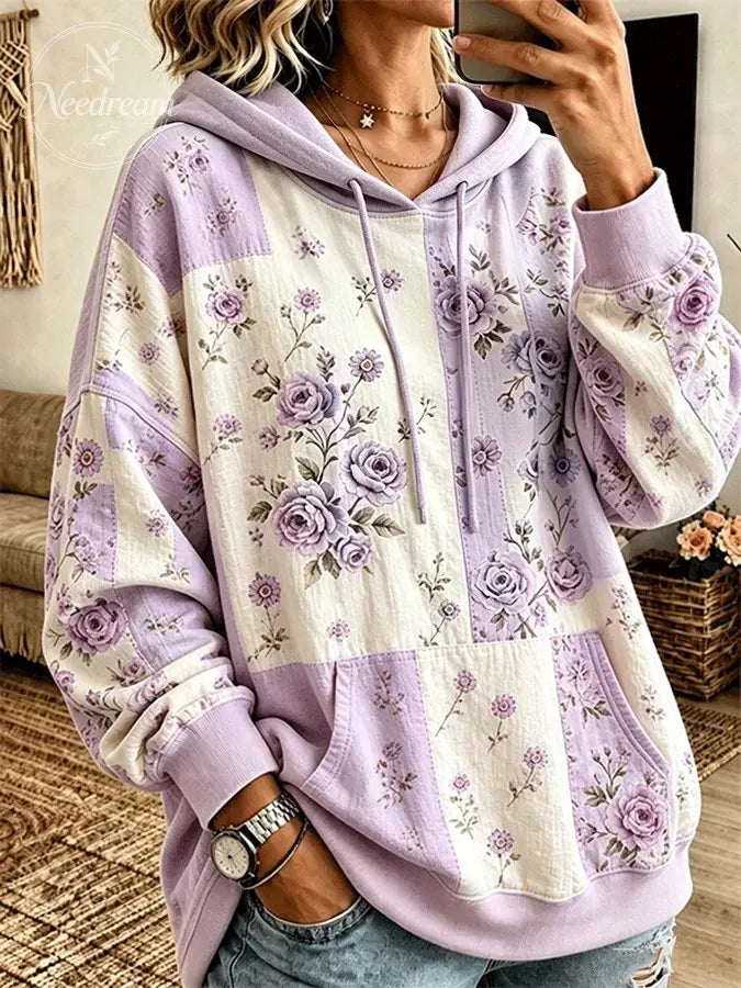 Women's Vintage Rose Floral Patchwork Drawstring Pocket Hoodie