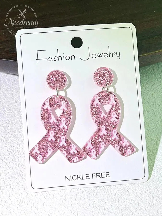 Women's Breast Cancer Awareness Pink Ribbon Sequin Fashion Casual Earrings