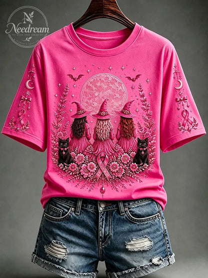 Women's Breast Cancer Awareness Black Cat Pink Ribbon Short-Sleeve T-Shirt