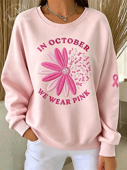 Women's In October We Wear Pink Breast Cancer Awareness Crewneck Sweatshirt