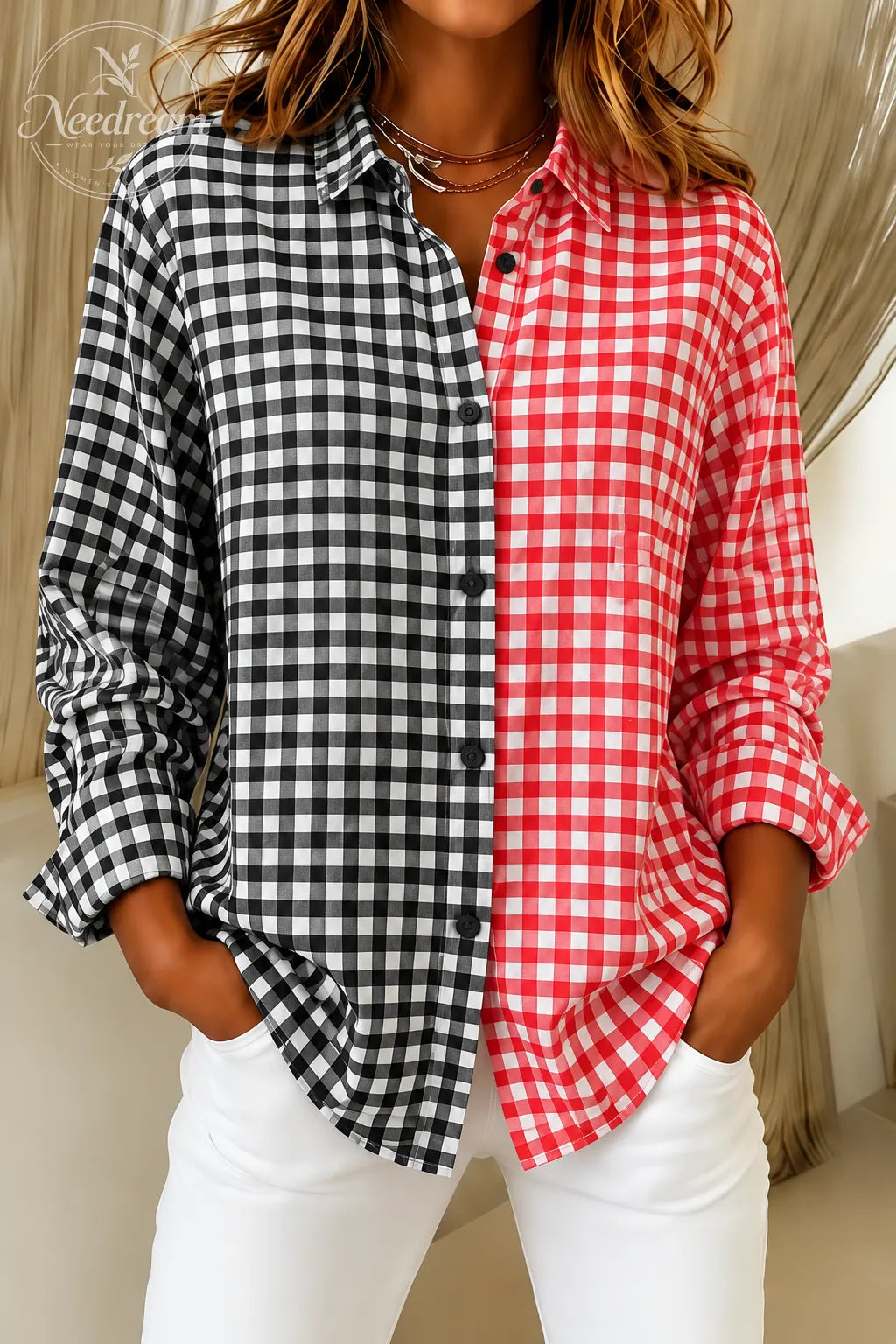 Women'S Casual Retro Pink And Green Color-Block Plaid Shirt